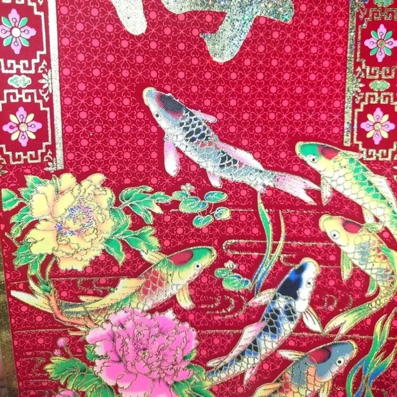 Set of 3 Red Velvet Asian Scroll Wall Hanging - Picture 5 of 5